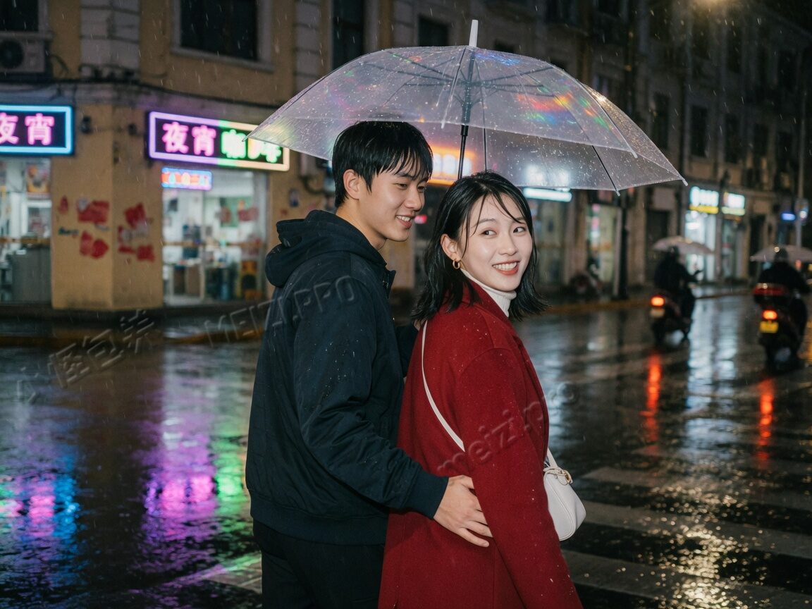 雨夜街头共撑一把伞的情侣背影与回眸