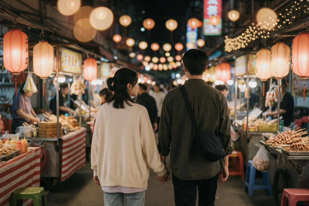夜市牵手背影
