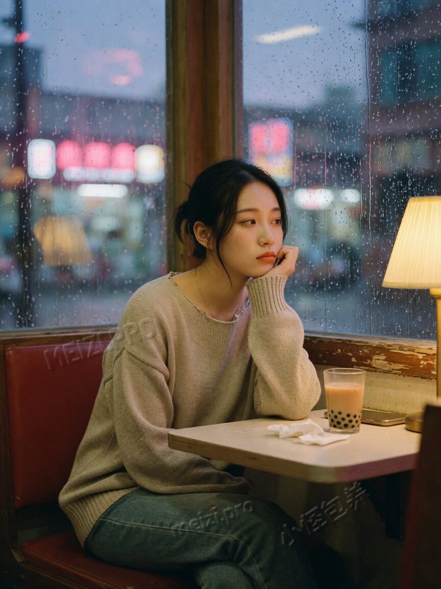 分手后的空位：窗边独自发呆的女生写真 pose，侧脸望向雨窗，85mm 胶片感