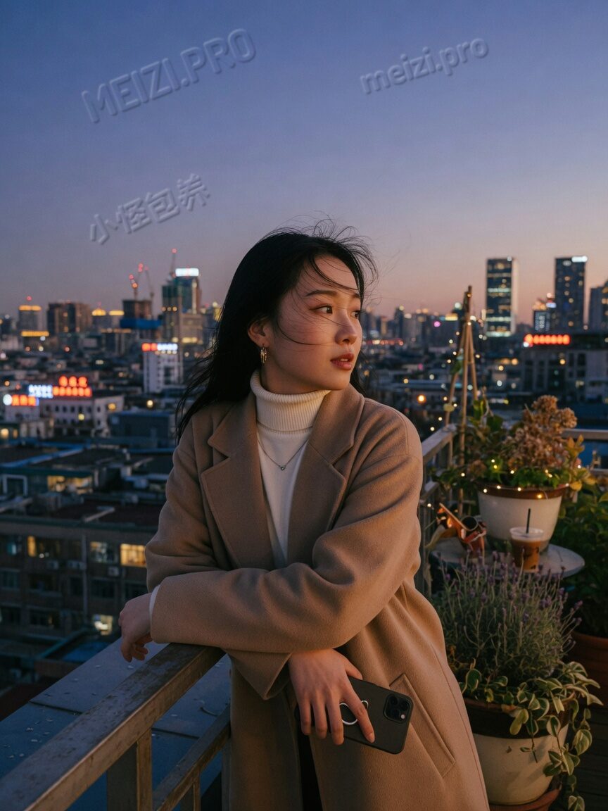 天台栏杆边,女生侧身望向城市灯火,手机扣在手里