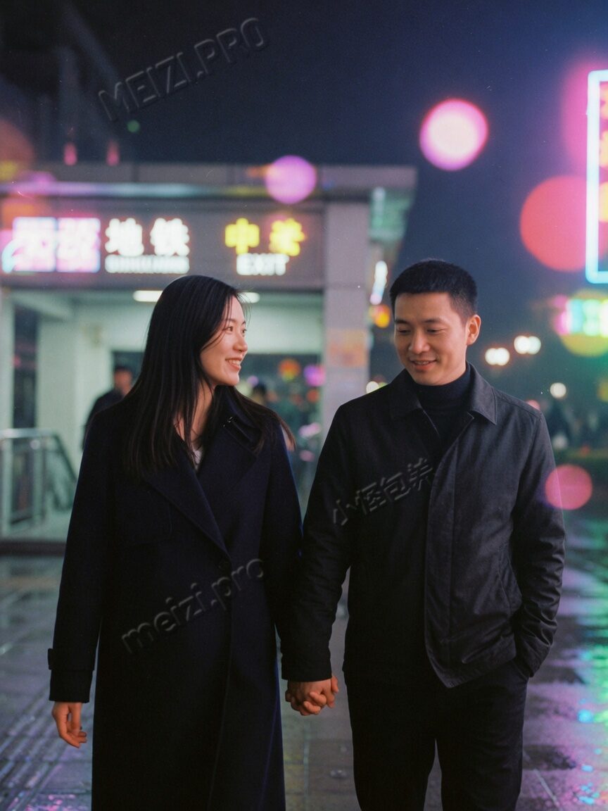 地铁口夜色里牵手并肩的街拍