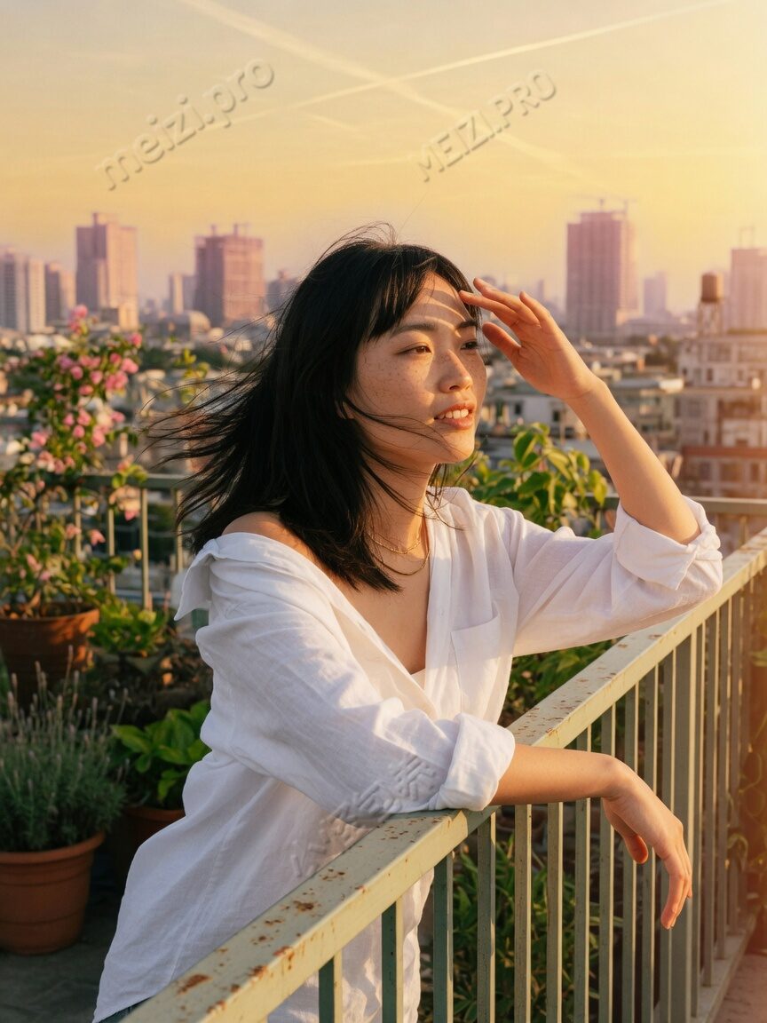天台金光下回望的女生写真,小红书胶片