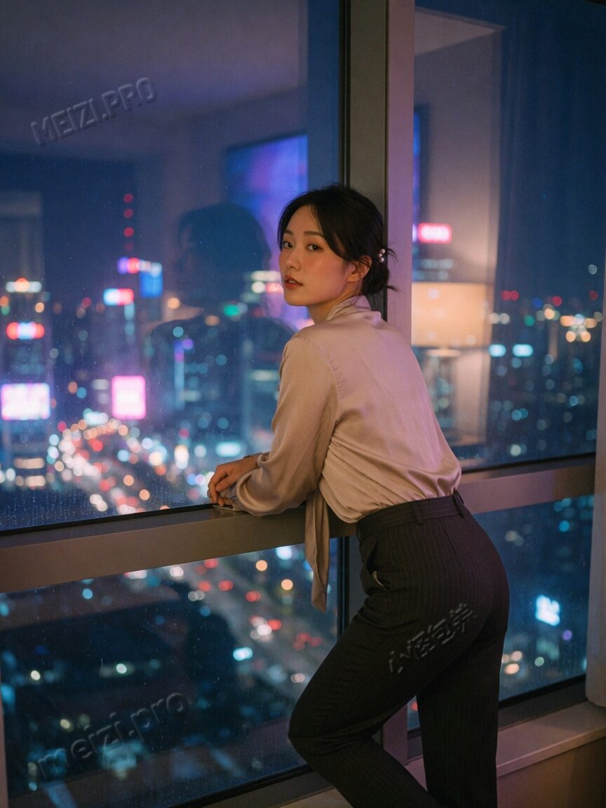 落地窗夜景侧身回望的女生写真