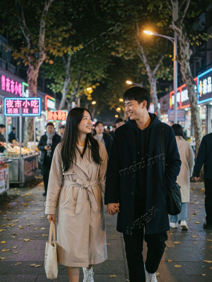 夜色步行街的并肩牵手