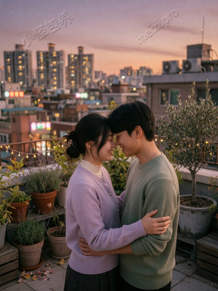 屋顶花园额头相抵：情侣pose，温柔陪伴