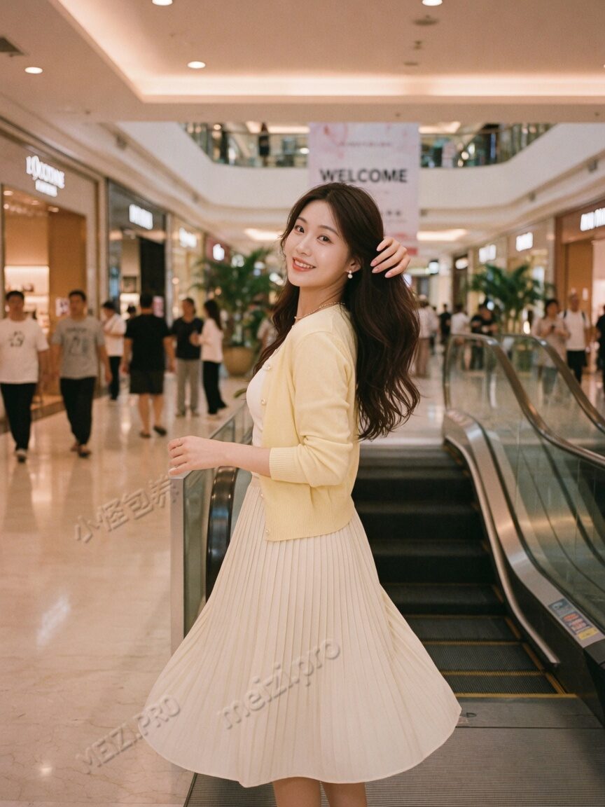 商场中庭回眸，甜美针织写真