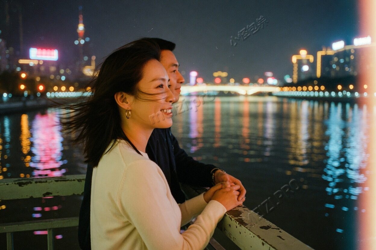 江边夜景牵手，胶片感陪伴