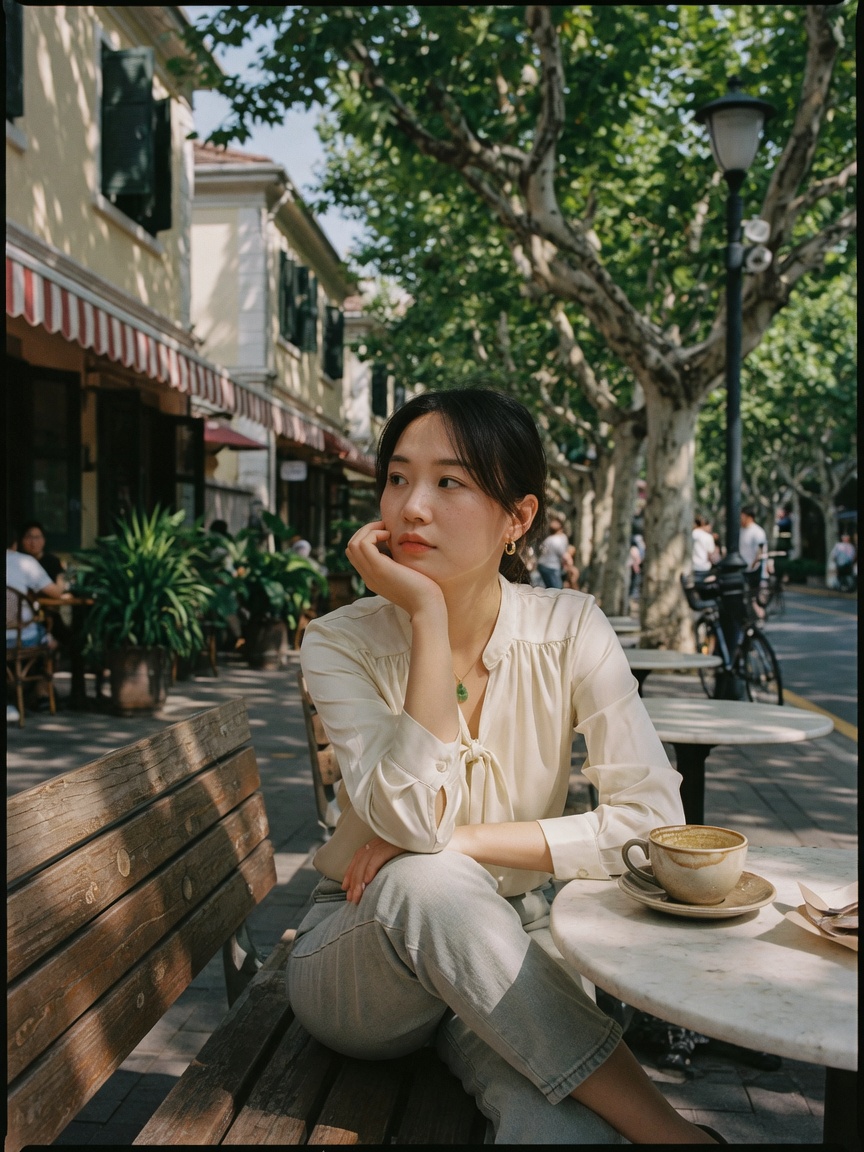 咖啡馆里若有所思的女生写真,胶片质感