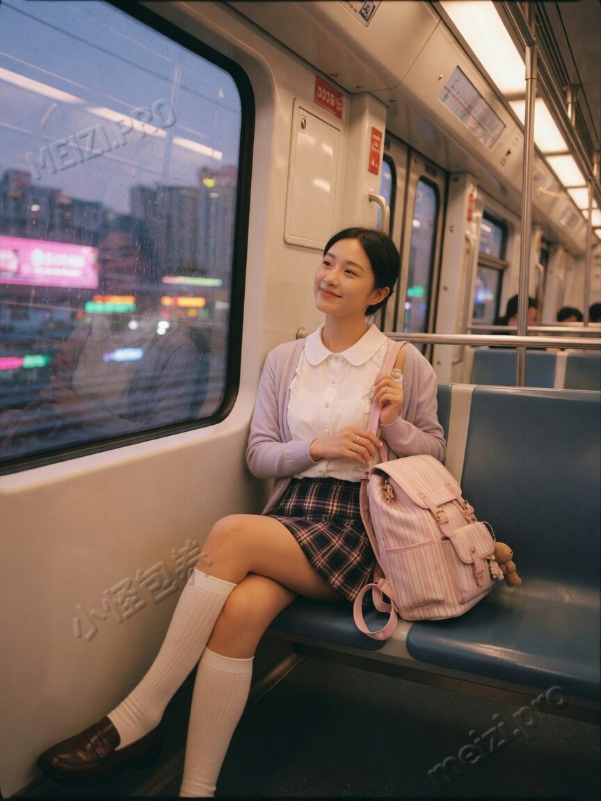 地铁车厢侧坐回望:学生气穿搭的日常感