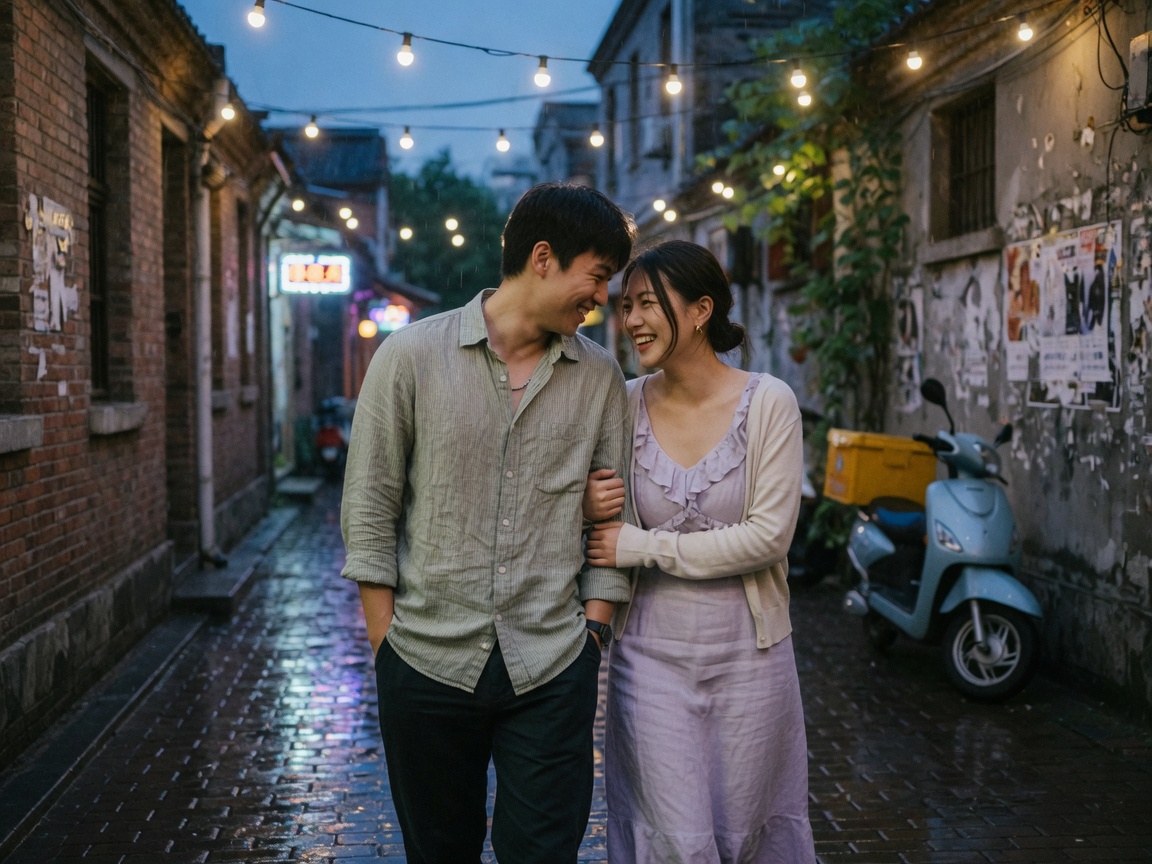 雨后巷子牵手并肩走的情侣pose,街拍candid