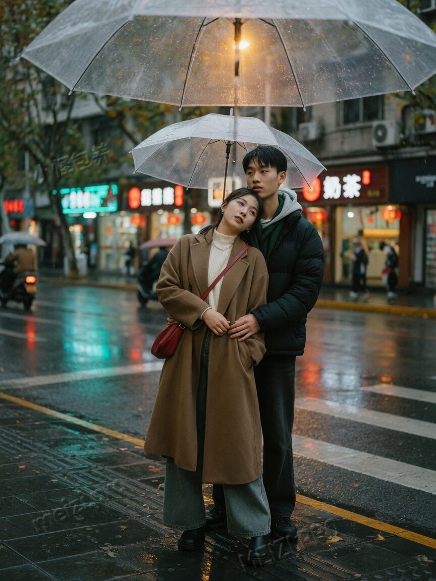 雨夜共撑伞的背后抱