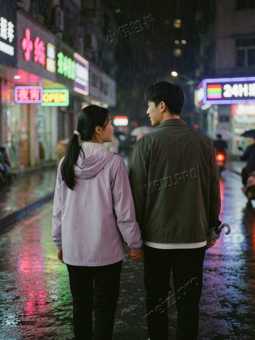 雨夜牵手街拍