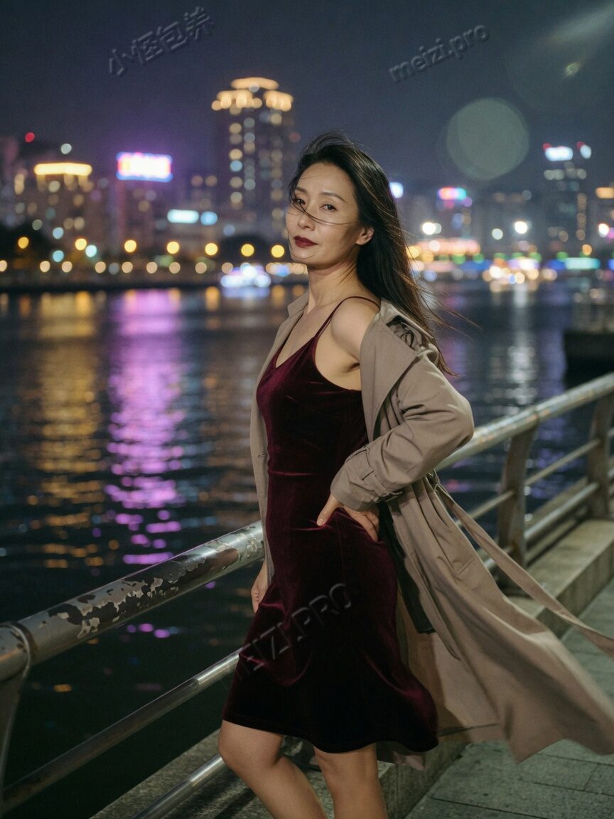 御姐气质参考:江边夜景插腰回望