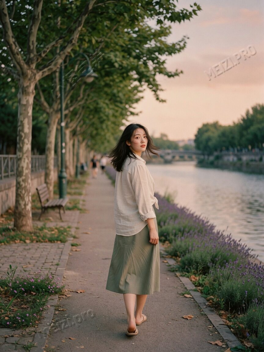 回眸走在林荫河边的写真