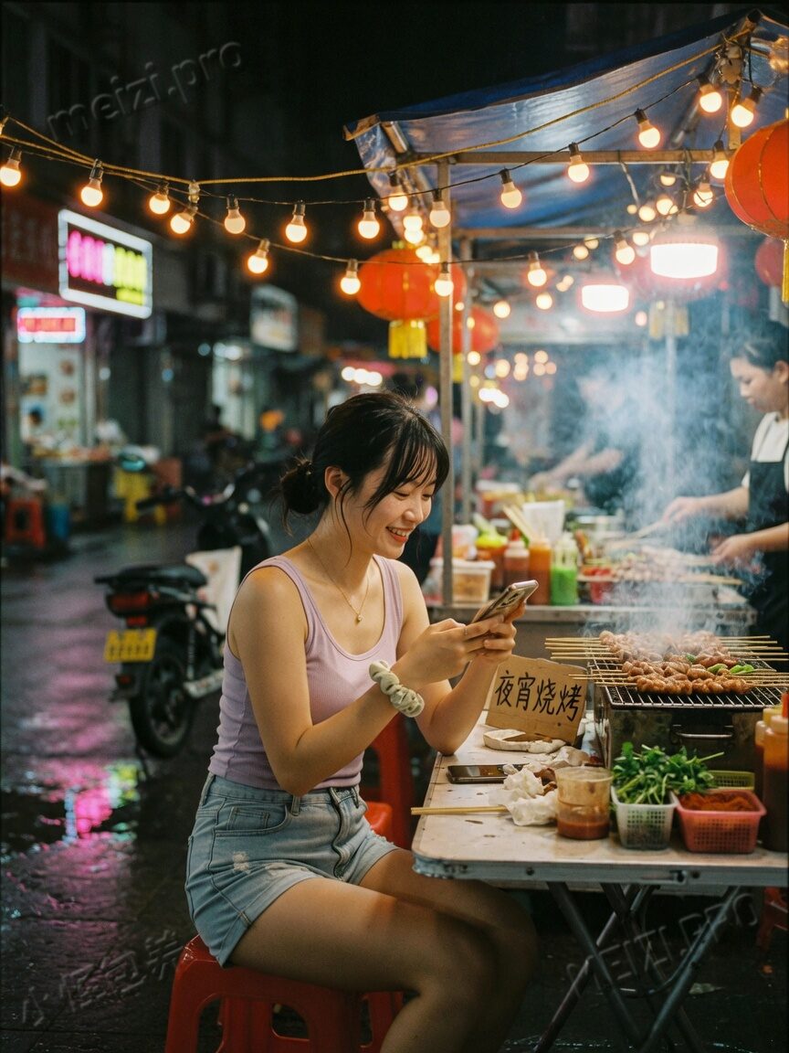 深夜烧烤摊的安静坐姿