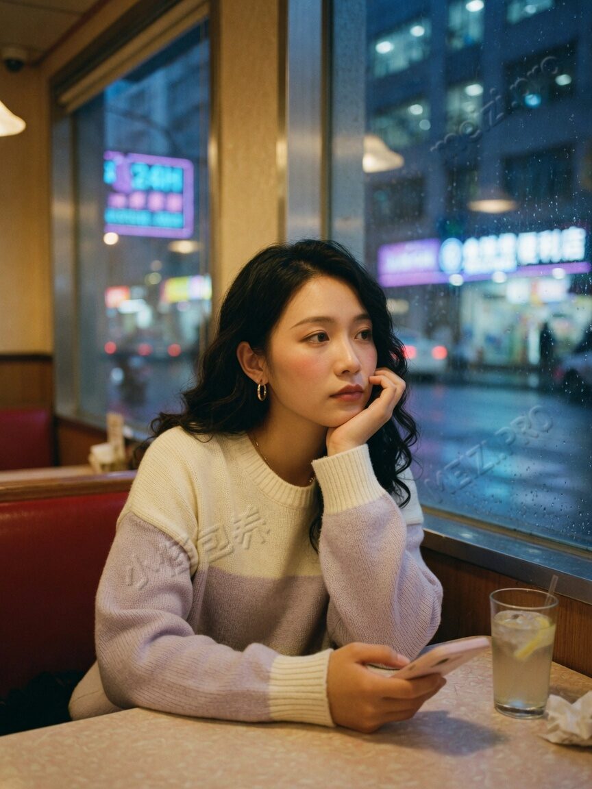 深夜咖啡馆窗边发呆的女生