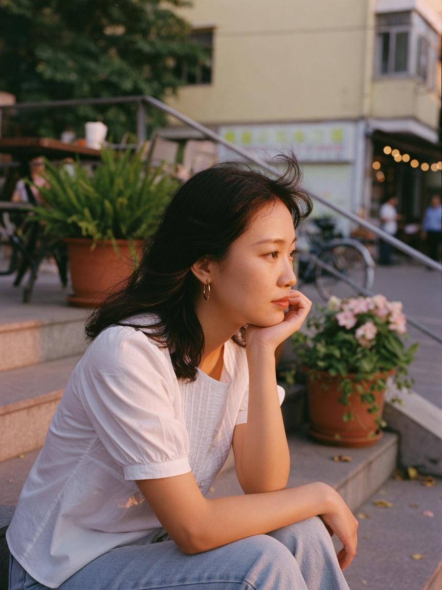 露台台阶上的侧脸,像在把账本和心情一起理清