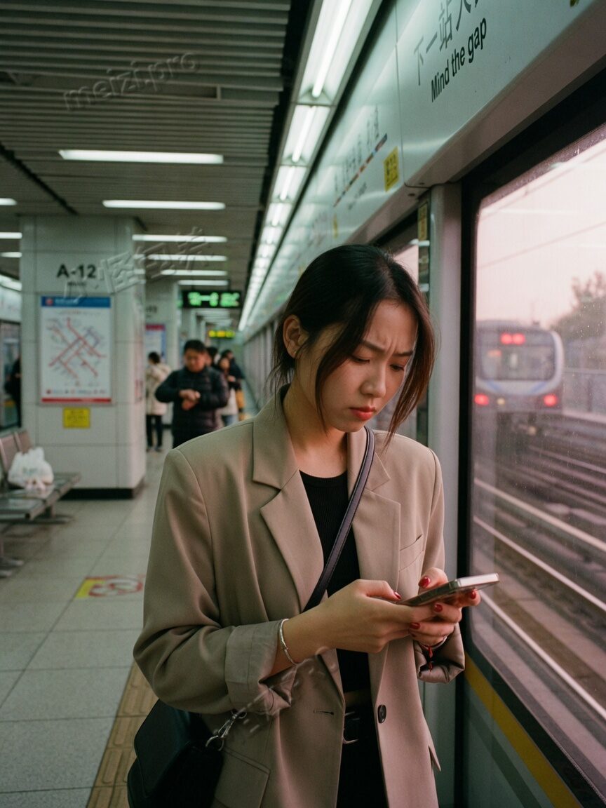 地铁站里低头看手机的女生