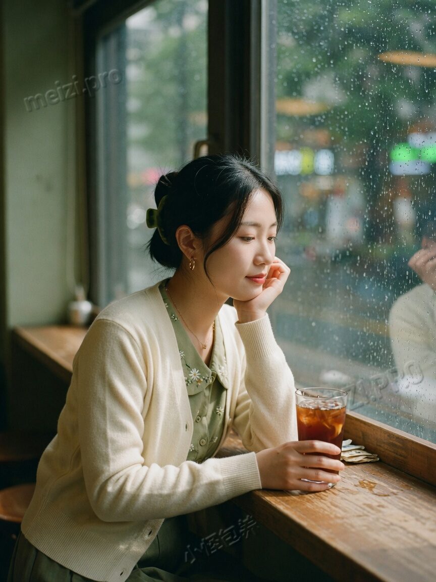 咖啡馆窗边托腮,女生写真pose