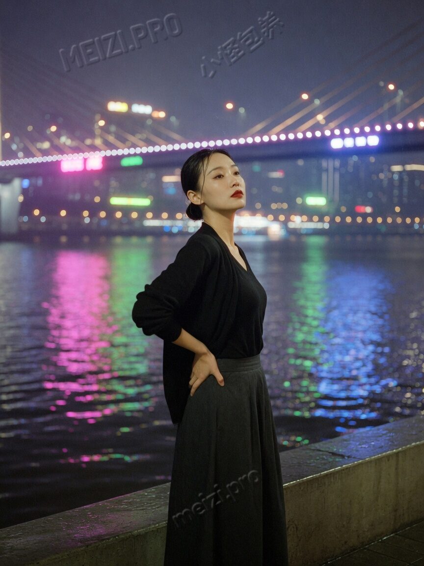 江边观景台插腰夜景，御姐气质胶片感