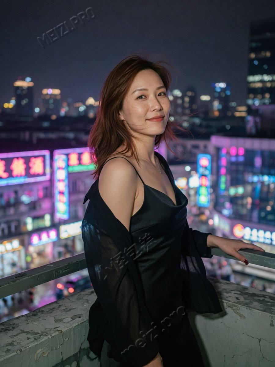 夜色天台，从容的御姐侧影