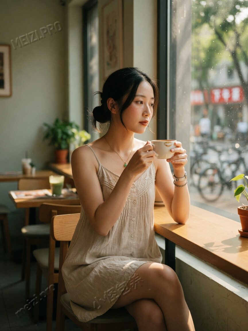 咖啡馆窗边沉思的女生写真