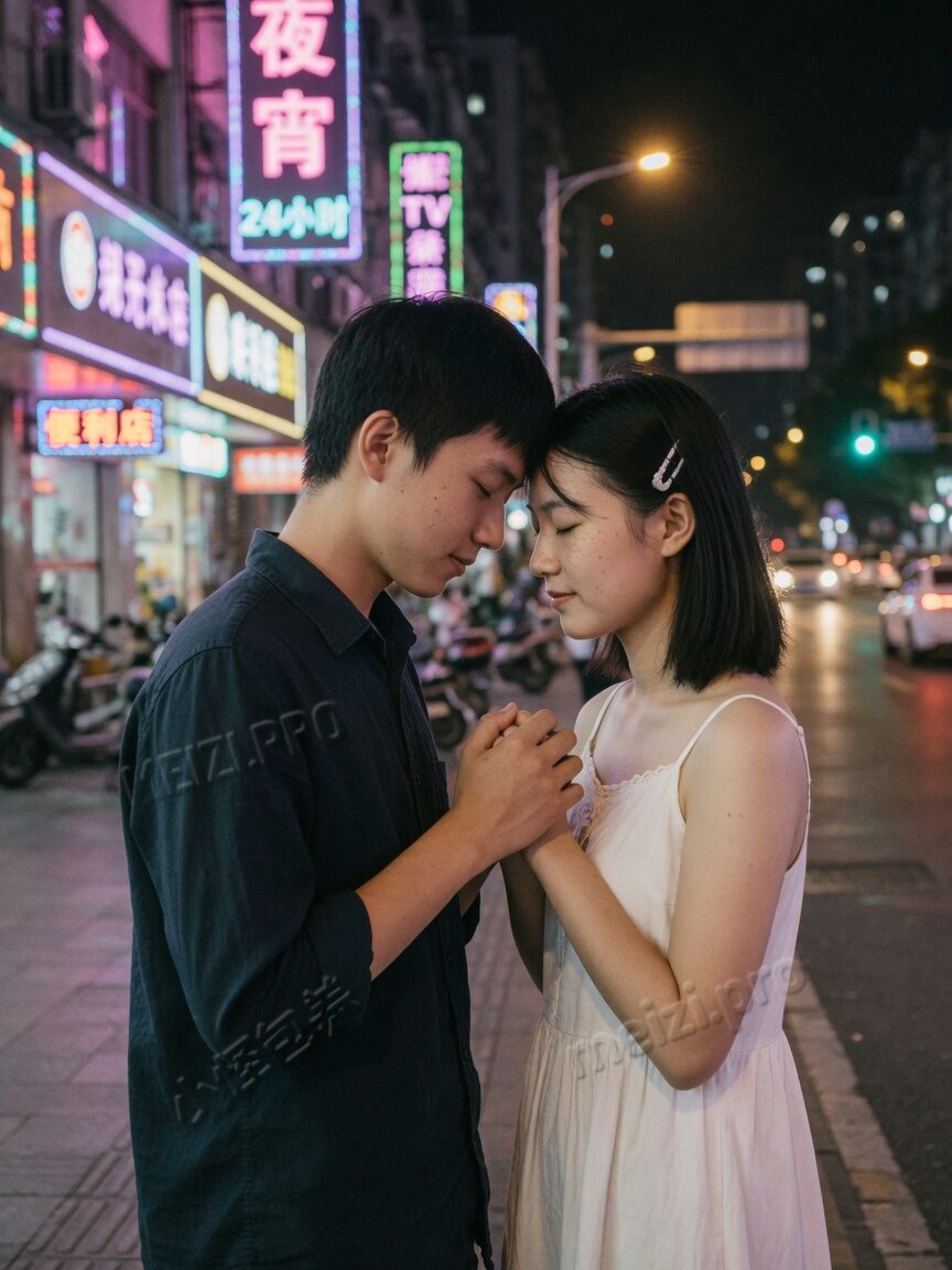 夜景街头额头相抵的情侣