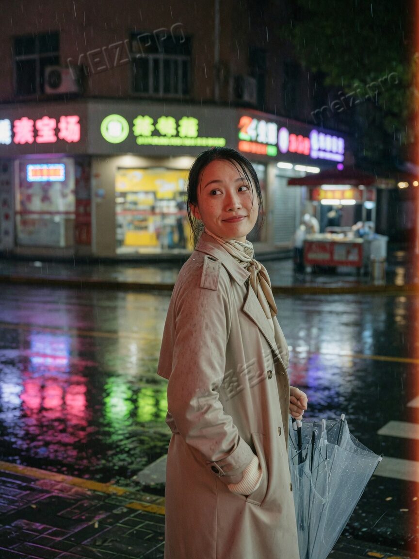 雨夜霓虹下回眸的女生写真