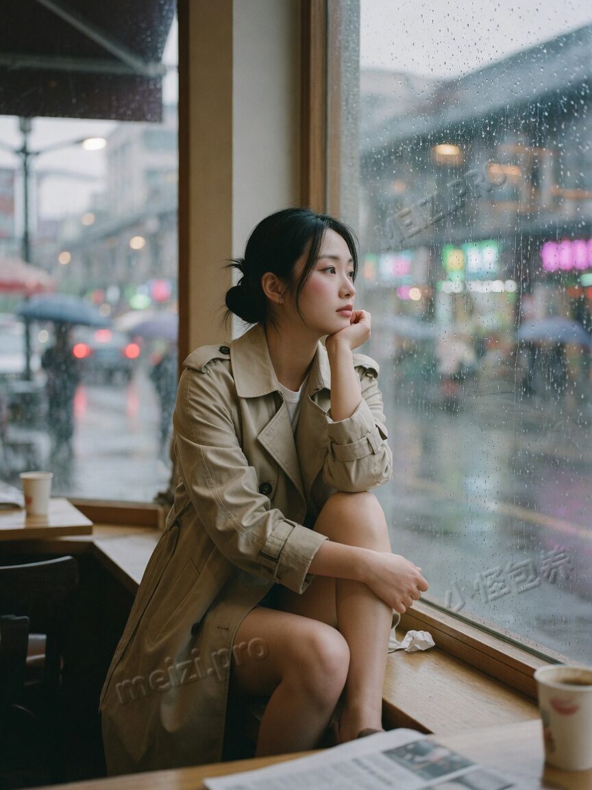 雨天窗边写真 pose,侧坐抱膝看街景