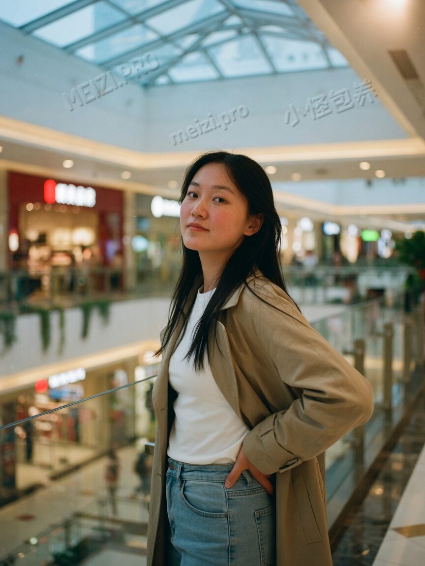 商场中庭,插腰站立的都市女生