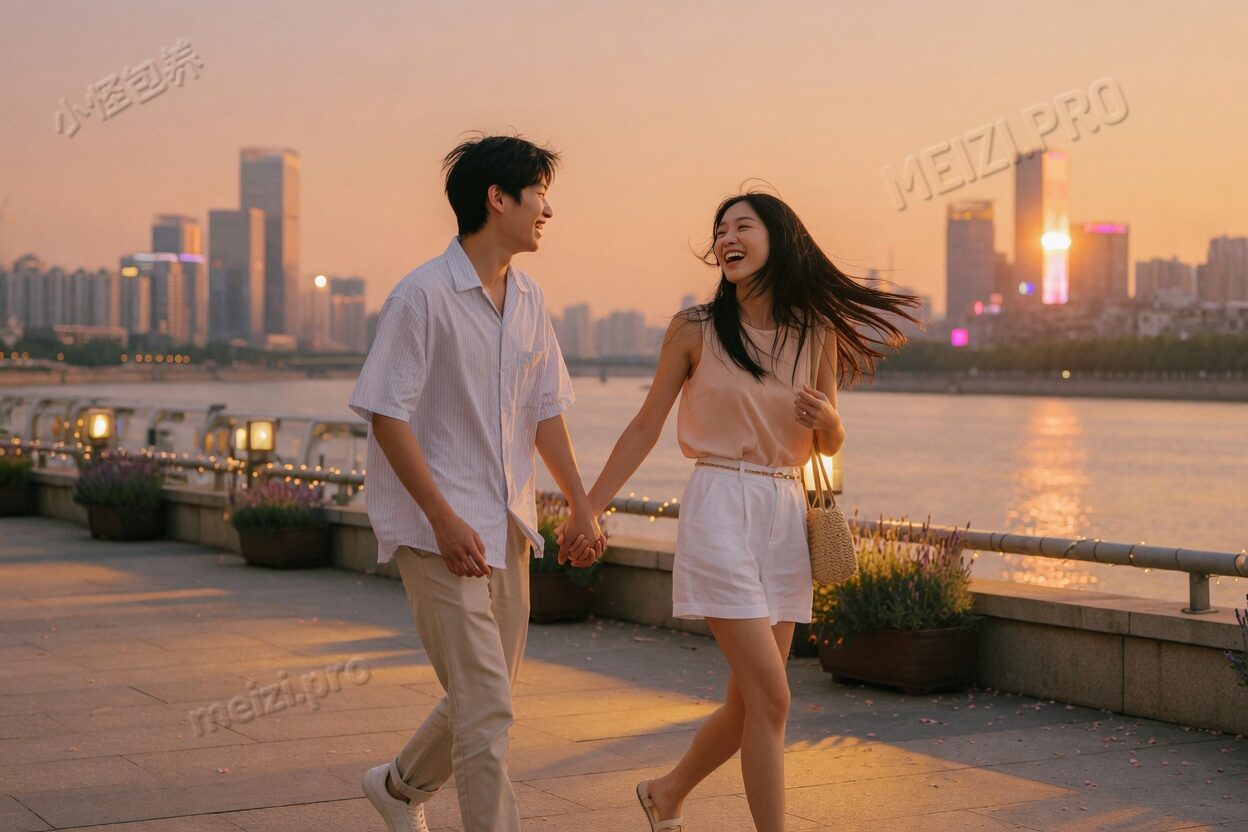 黄昏江边牵手的情侣抓拍