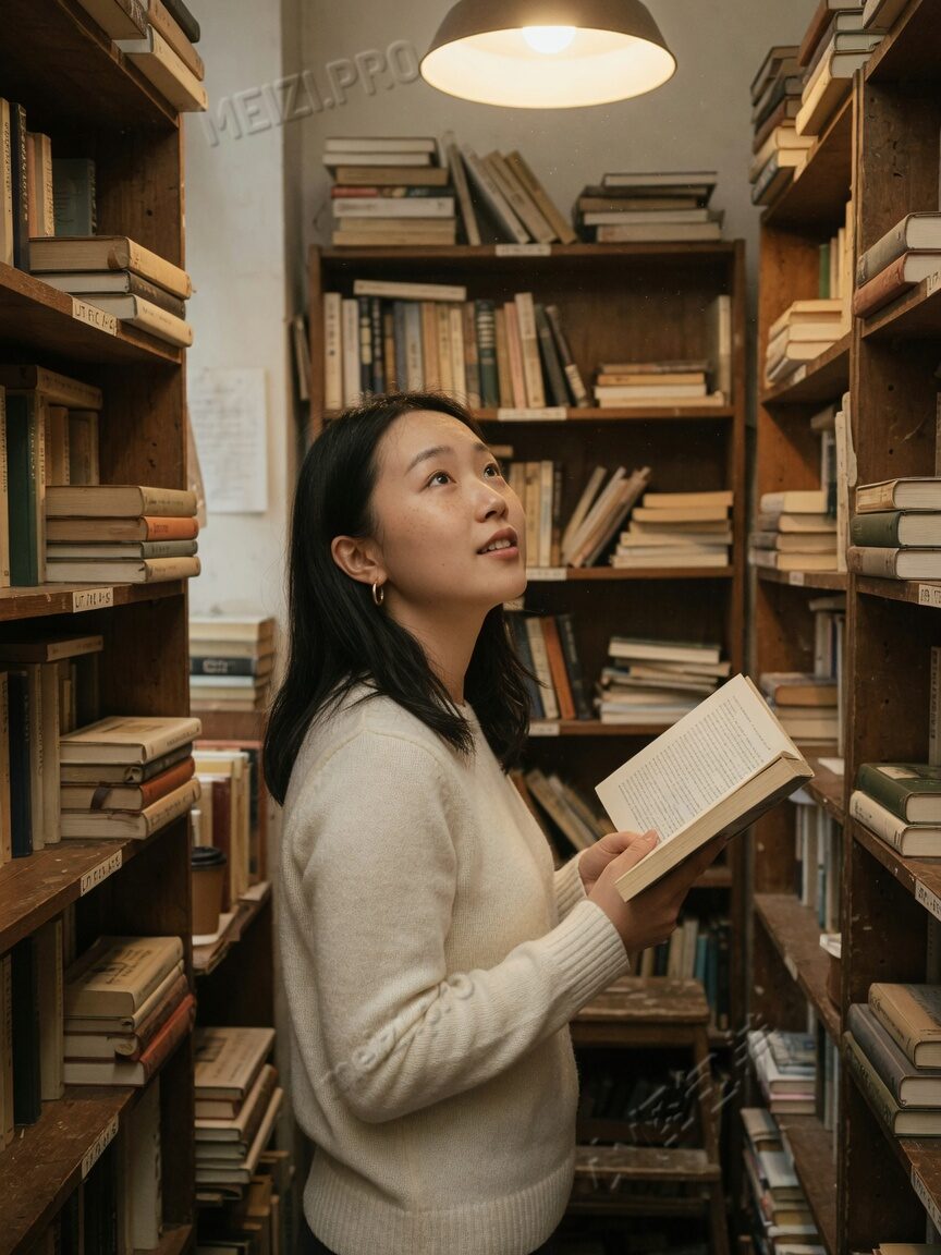 独立书店过道，女生半侧身托书仰头，胶片暖光