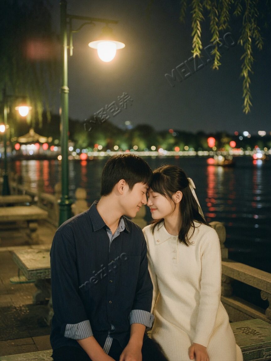 湖边夜景额头相抵