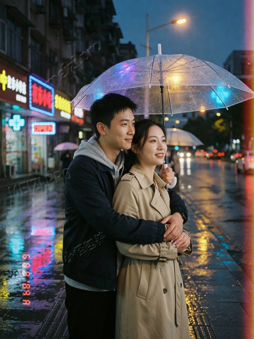 雨夜伞下背后抱的情侣街拍，小红书胶片质感