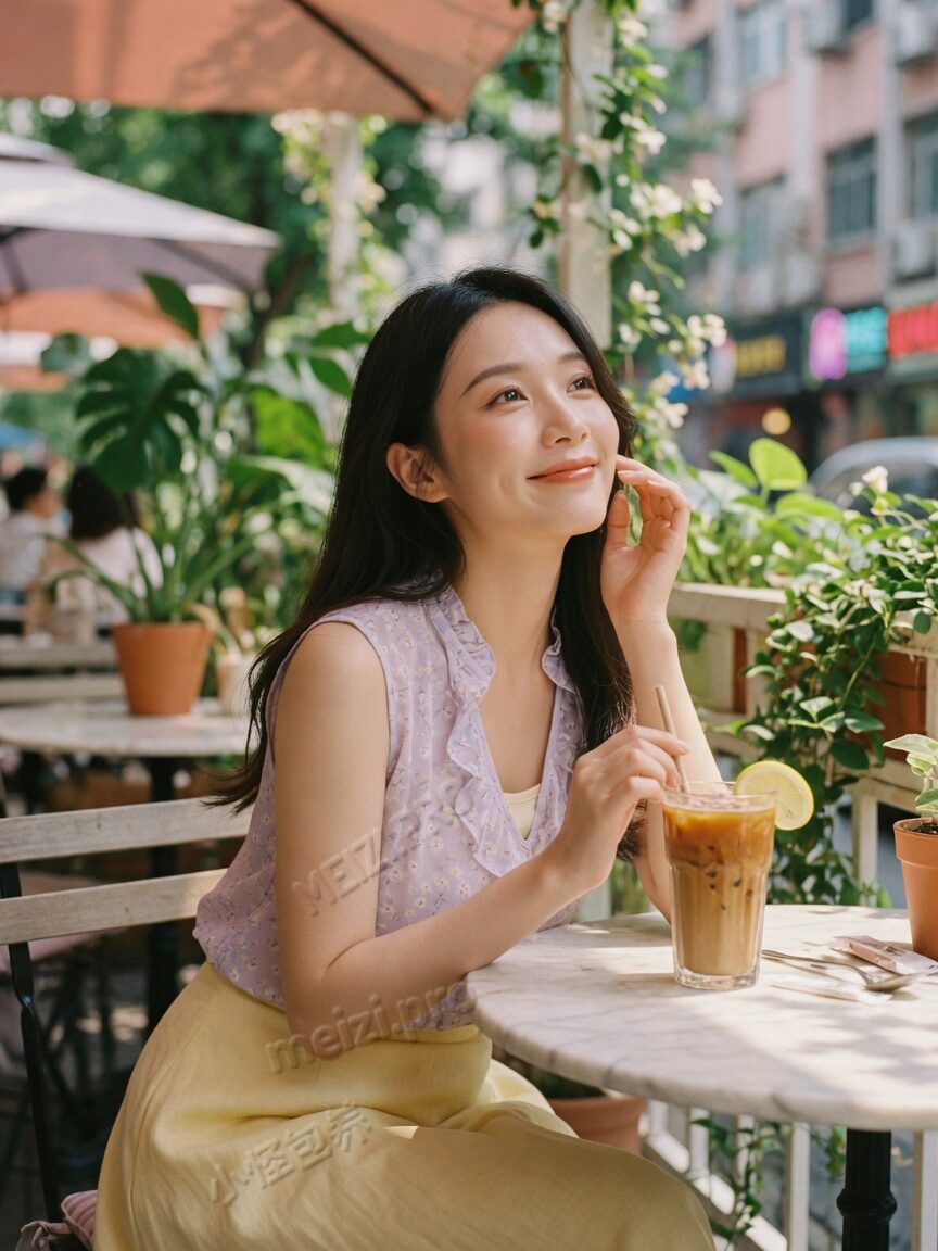 咖啡馆侧光女生写真，胶片 85mm 质感