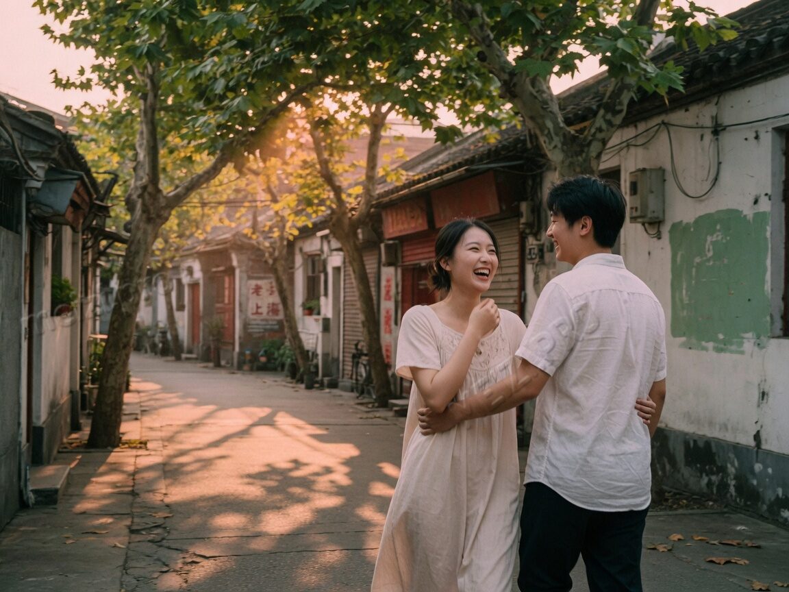 巷子里牵手走路的 candid 情侣pose