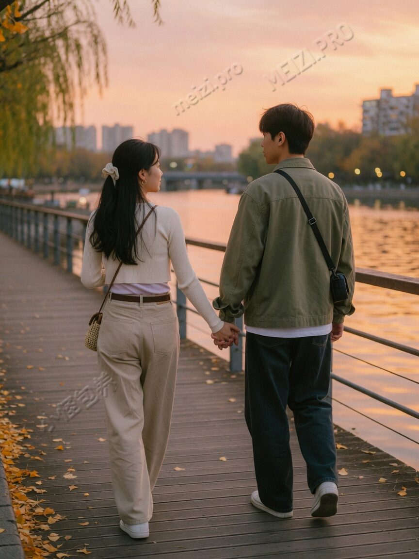 江边牵手的背影