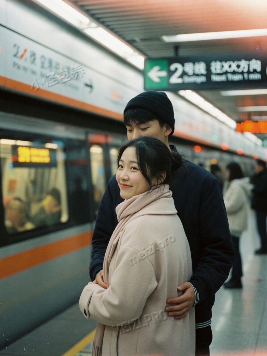 地铁站台背后轻环抱,日常陪伴感