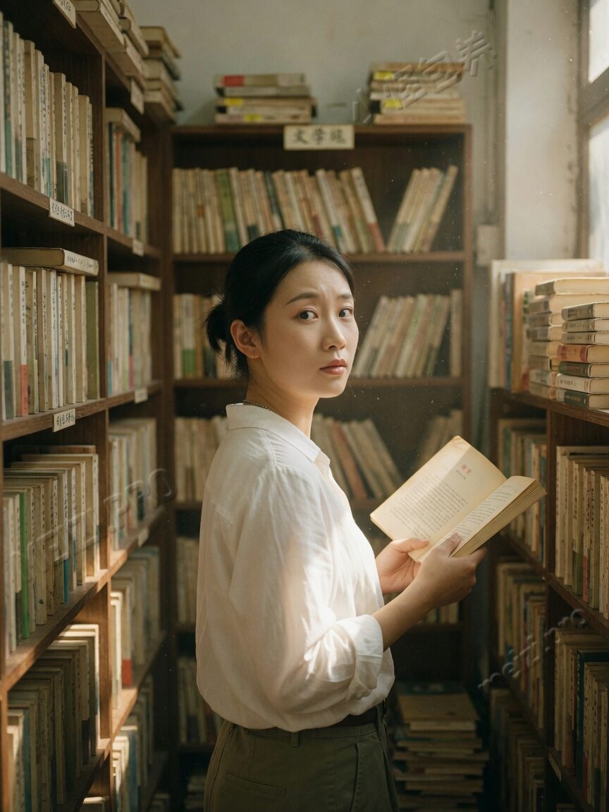 书店窗光里回望的侧影