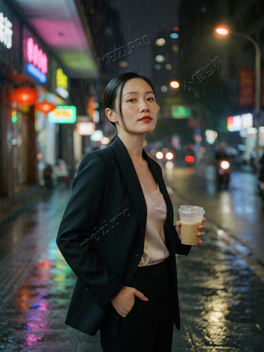街拍情侣pose：女生略走在前，男生从身后牵住她的手，黄昏侧光，胶片街景