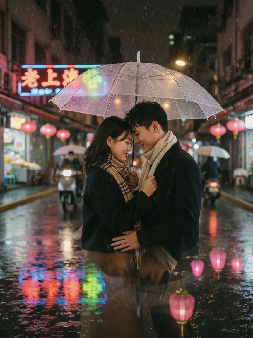 雨夜街头情侣额头相抵,共撑一把伞