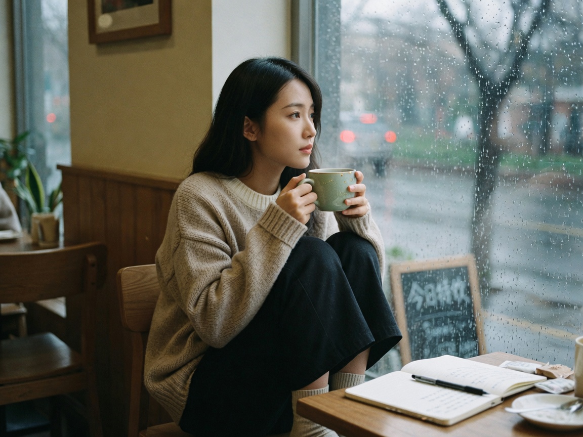 咖啡馆窗边独处的女生写真,双手捧杯侧坐沉思