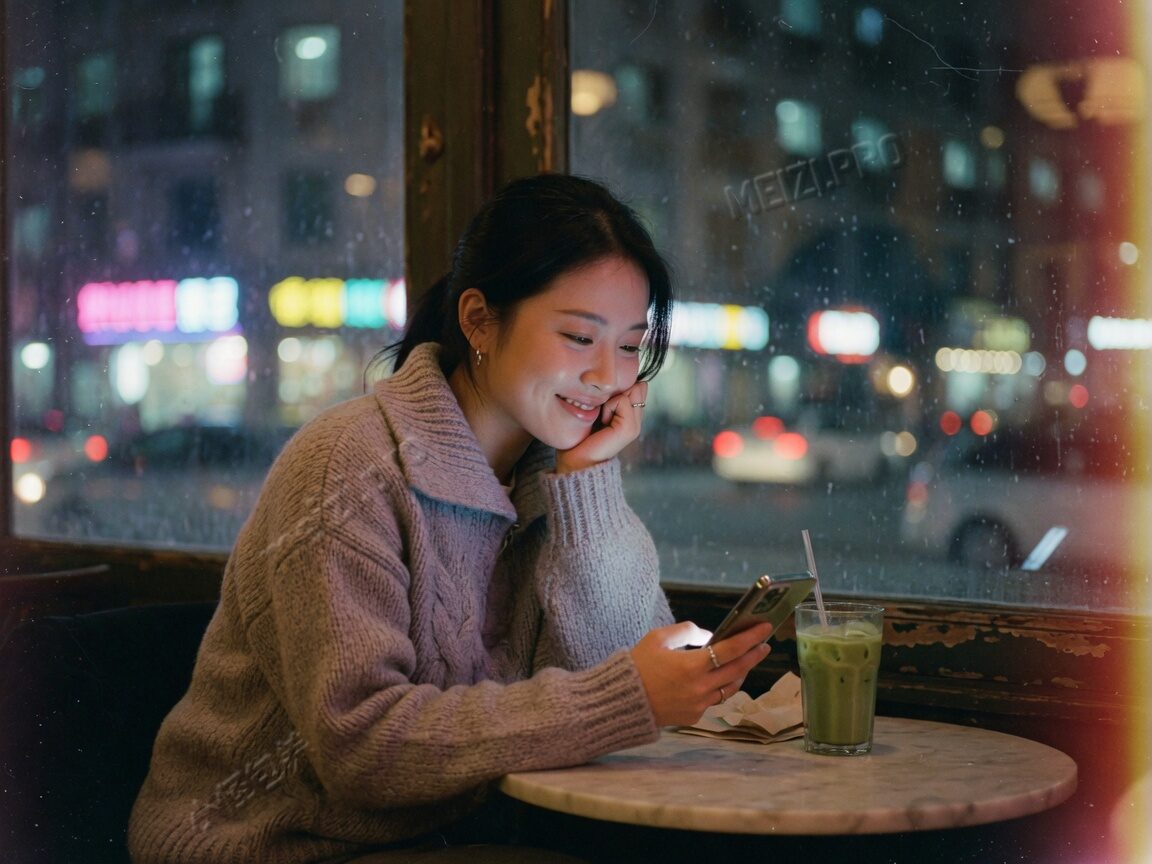 夜咖啡馆窗边，女孩看手机的半侧脸