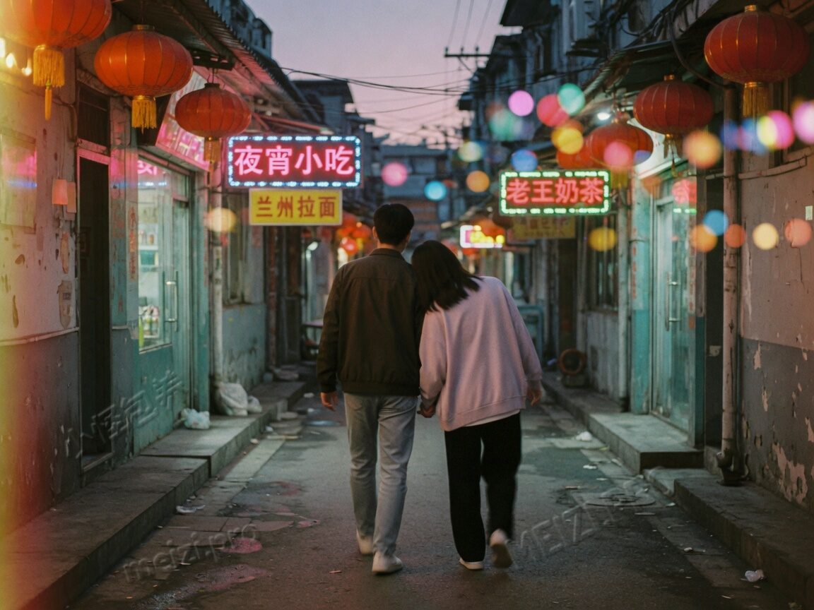 傍晚牵手走在巷子里的情侣