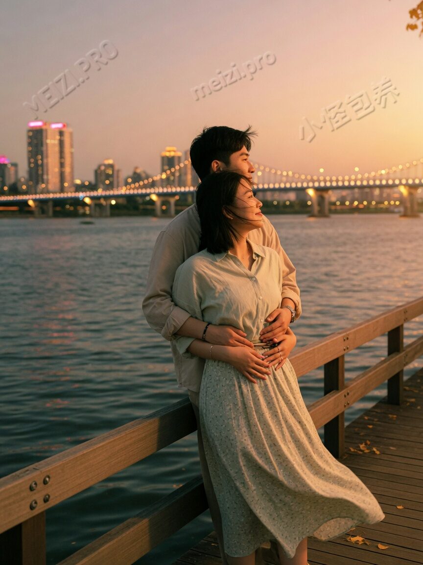 江边余晖背后抱,情侣pose,85mm胶片
