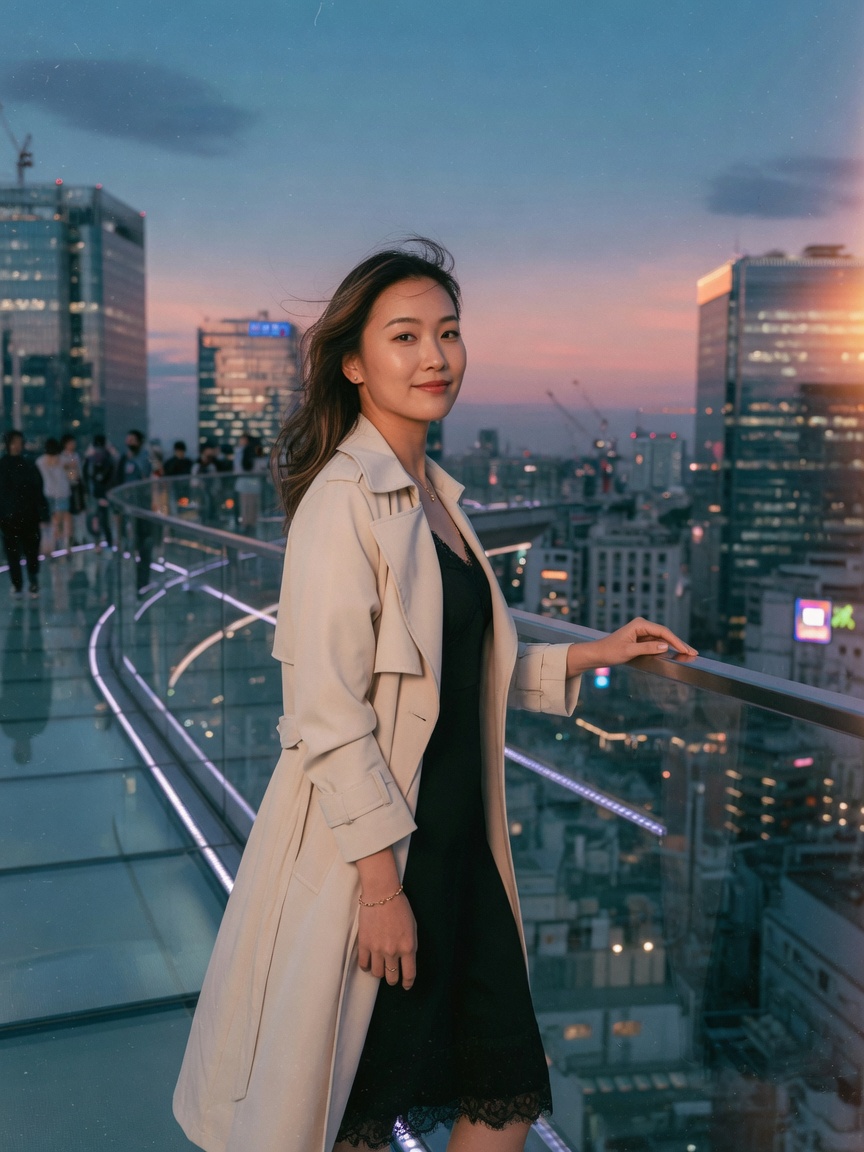 天桥晚风里的侧身站姿