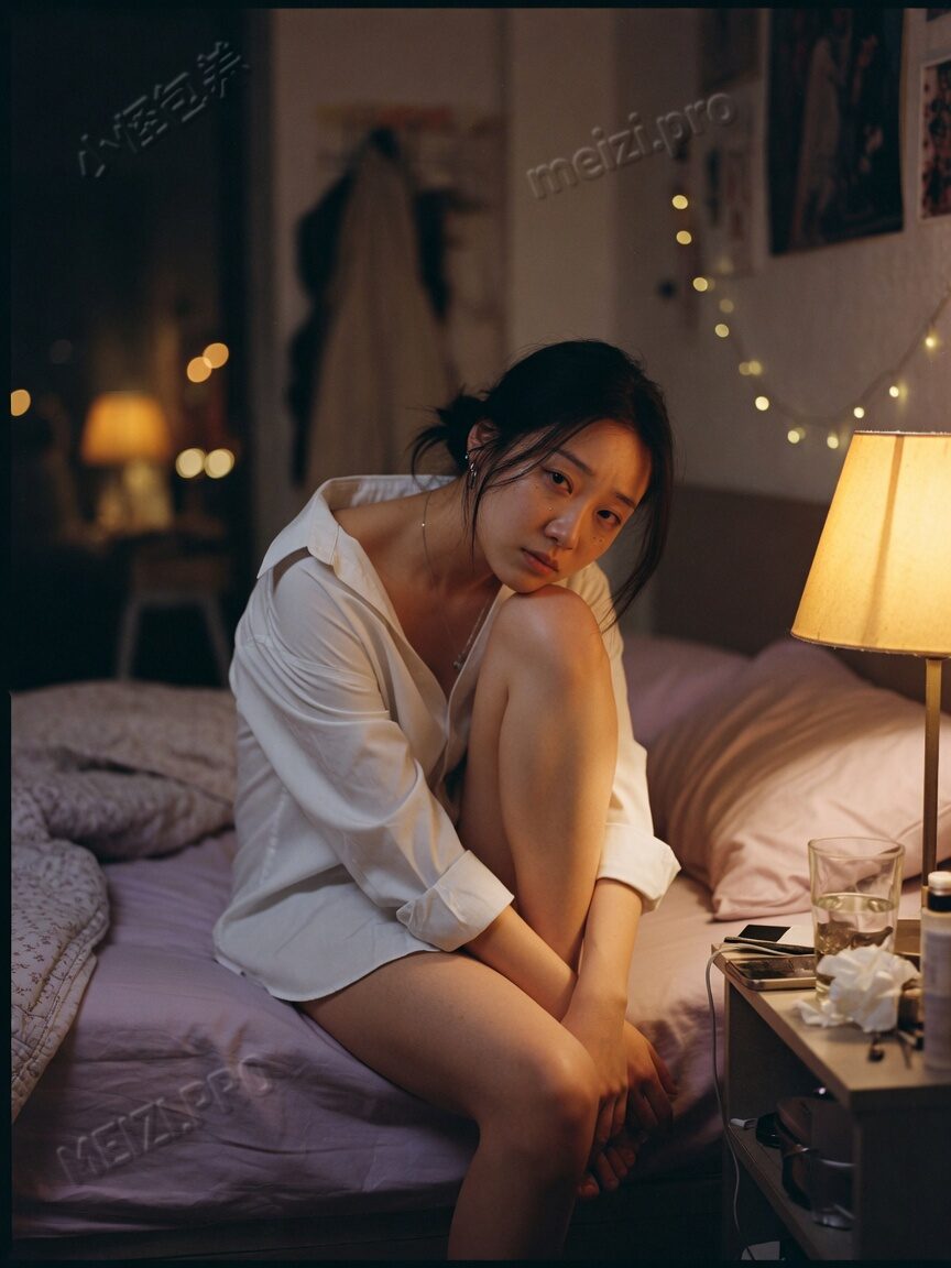 卧室暖光里抱膝的女生
