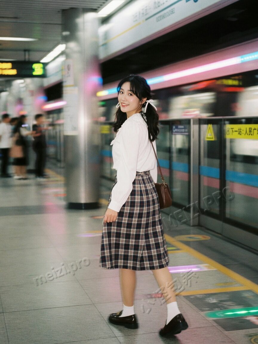地铁站回眸的学生气写真
