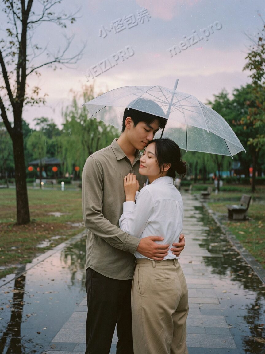 雨后步道背后抱,长期陪伴感