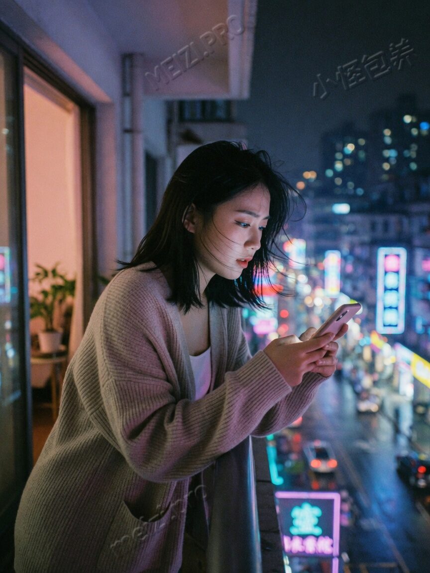 阳台夜色里低头打字的女生，85mm胶片感